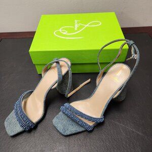 Sam Edelman Sandals Womens 7.5 Blue Denim Kia Beads Strappy Ankle Buckle Strap